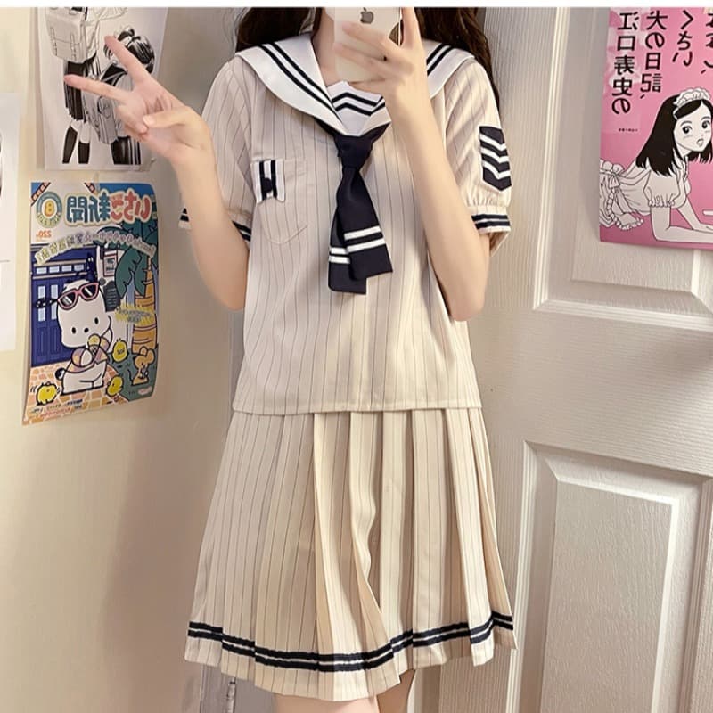 【レトロ風】ストライプ柄セーラー風学生服セット