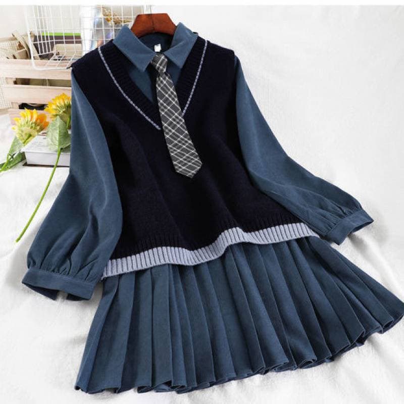 制服風プリーツスカートワンピ×カラーニットベスト　制服セット