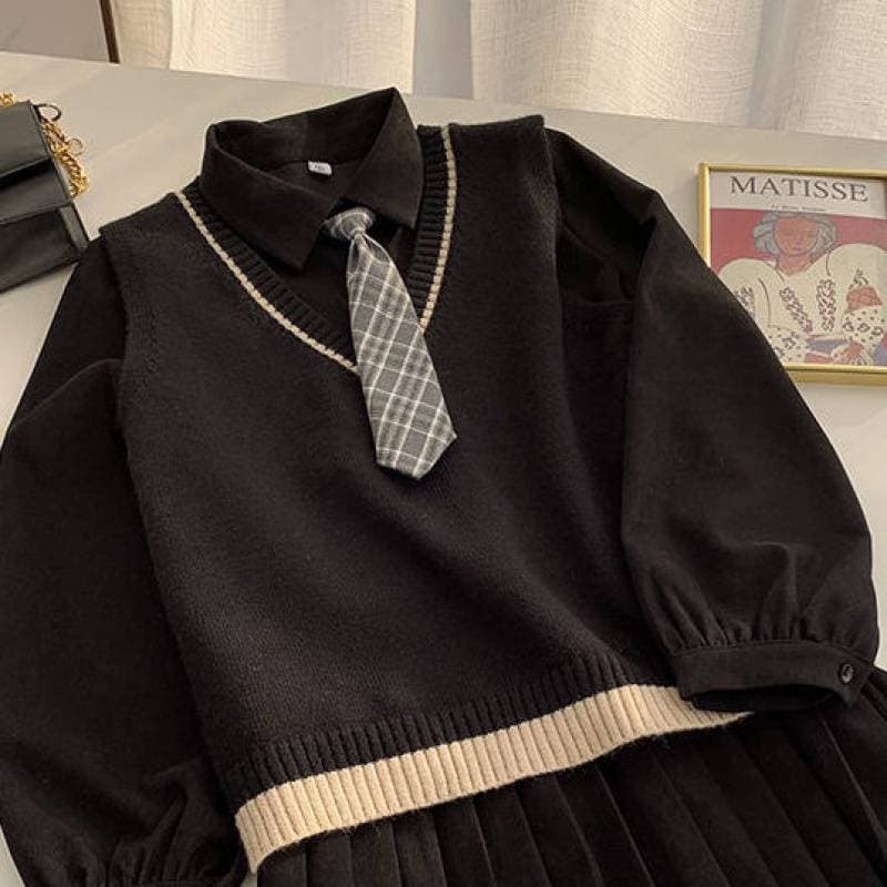制服風プリーツスカートワンピ×カラーニットベスト　制服セット