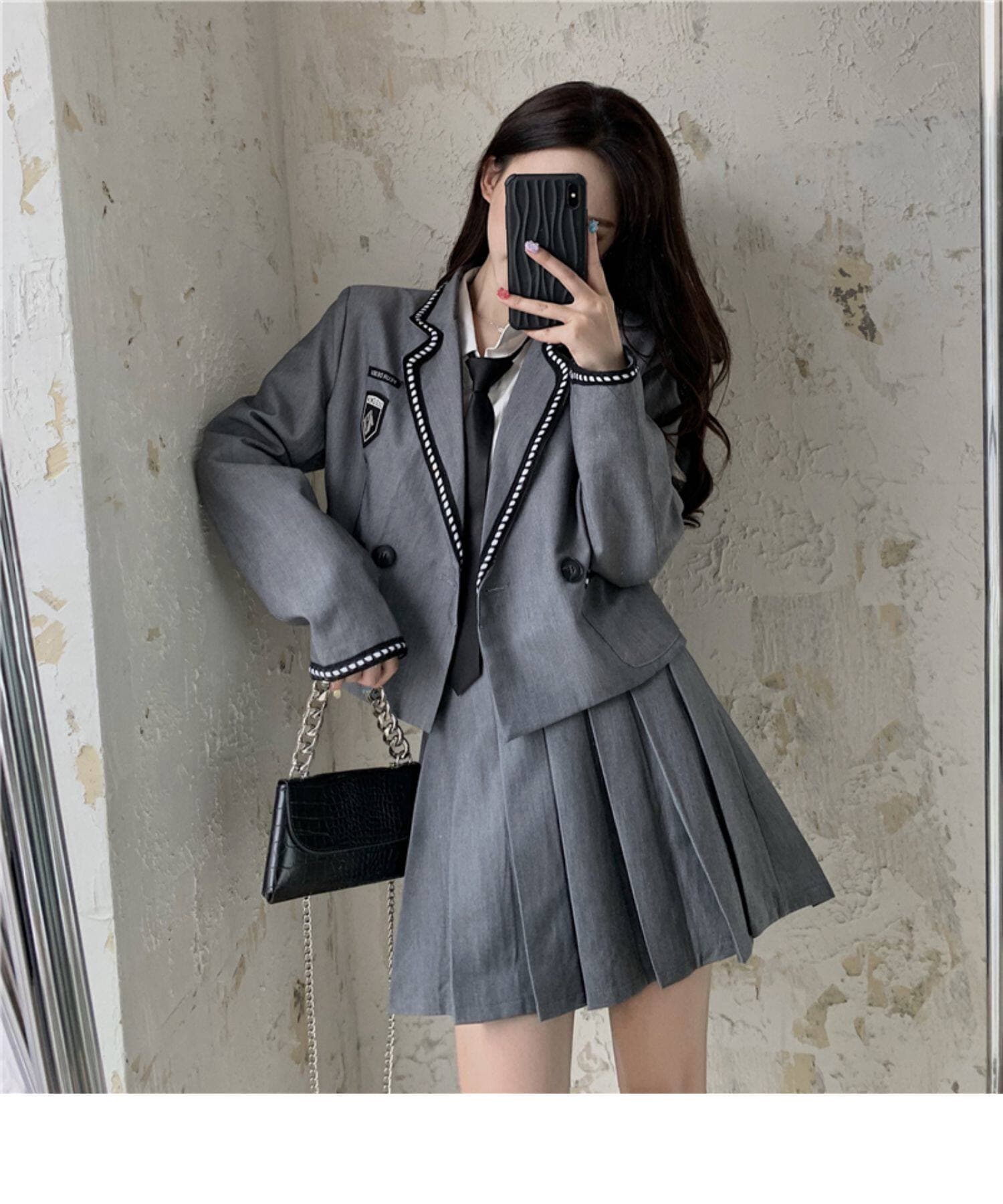 制服セット グレーエンブレム付きジャケット×ネクタイ×プリーツスカート3点セット