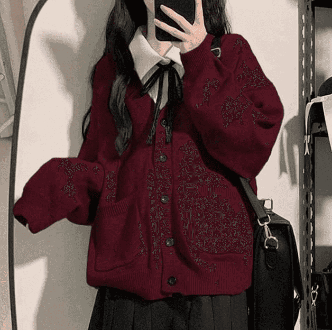 【人気】ゆったりニットカーディガン×黒スカート×黒リボン　制服コーデ