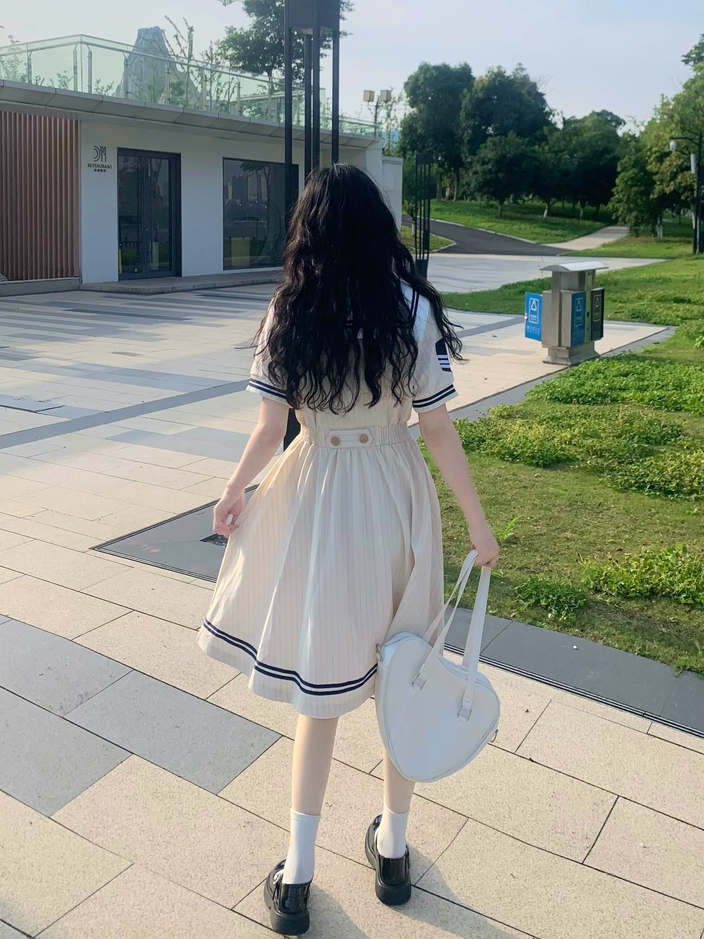 【制服ワンピース】ストライプ セーラー服風ワンピース