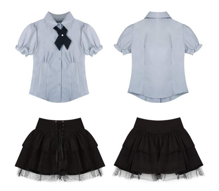【アイドル風】リボン付きブラウス＆ティアードスカート 制服セット