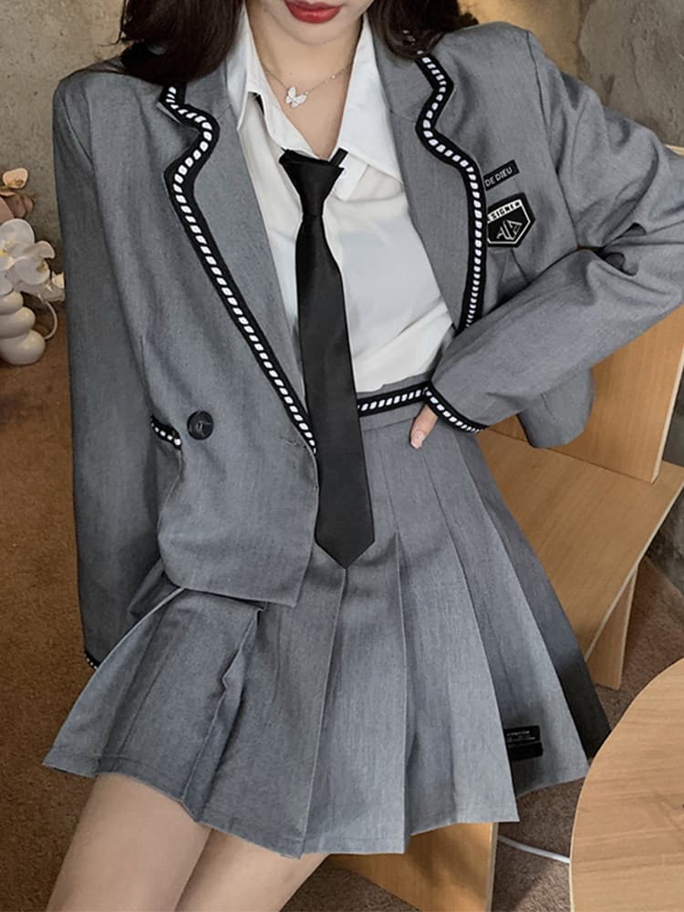 制服セット グレーエンブレム付きジャケット×ネクタイ×プリーツスカート3点セット