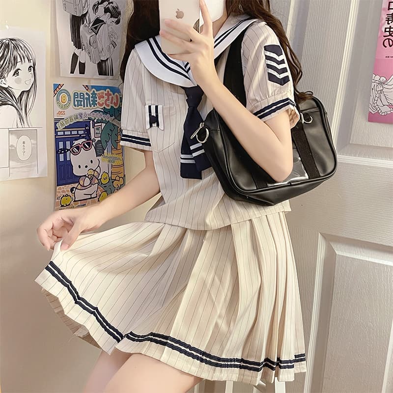 【レトロ風】ストライプ柄セーラー風学生服セット
