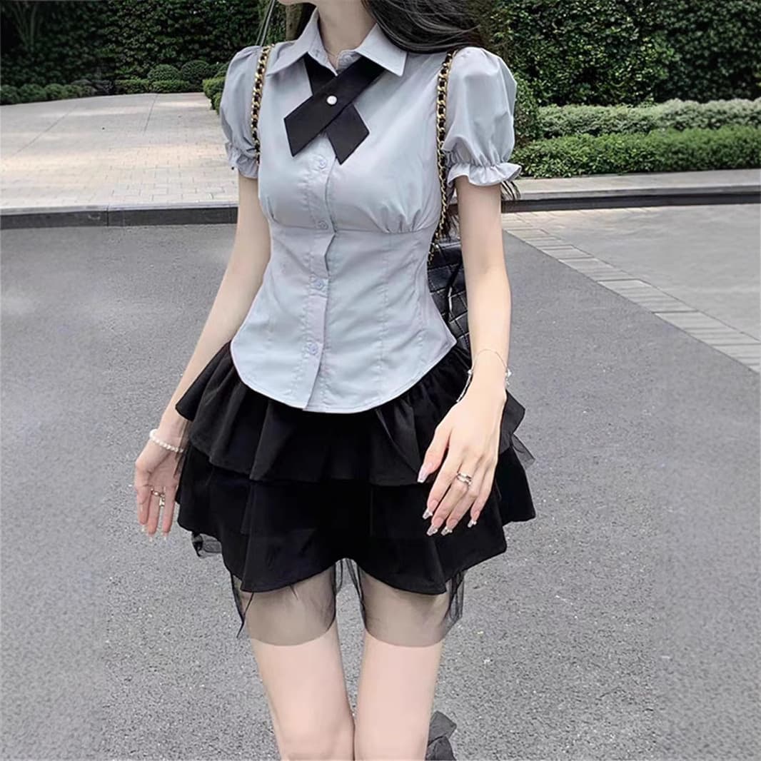 【アイドル風】リボン付きブラウス＆ティアードスカート 制服セット