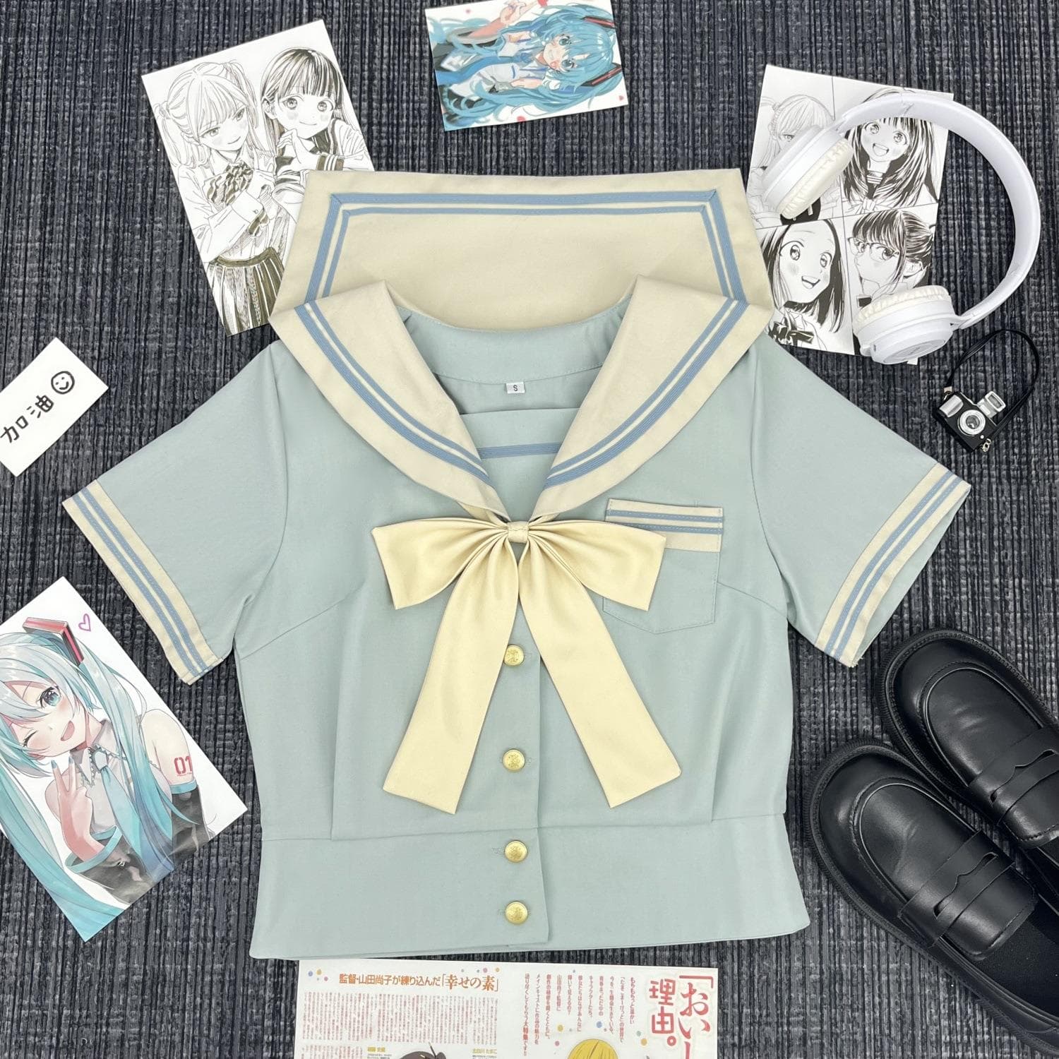 制服コスプレ　水色＆クリーム色　 半袖／長袖　セーラー服セット