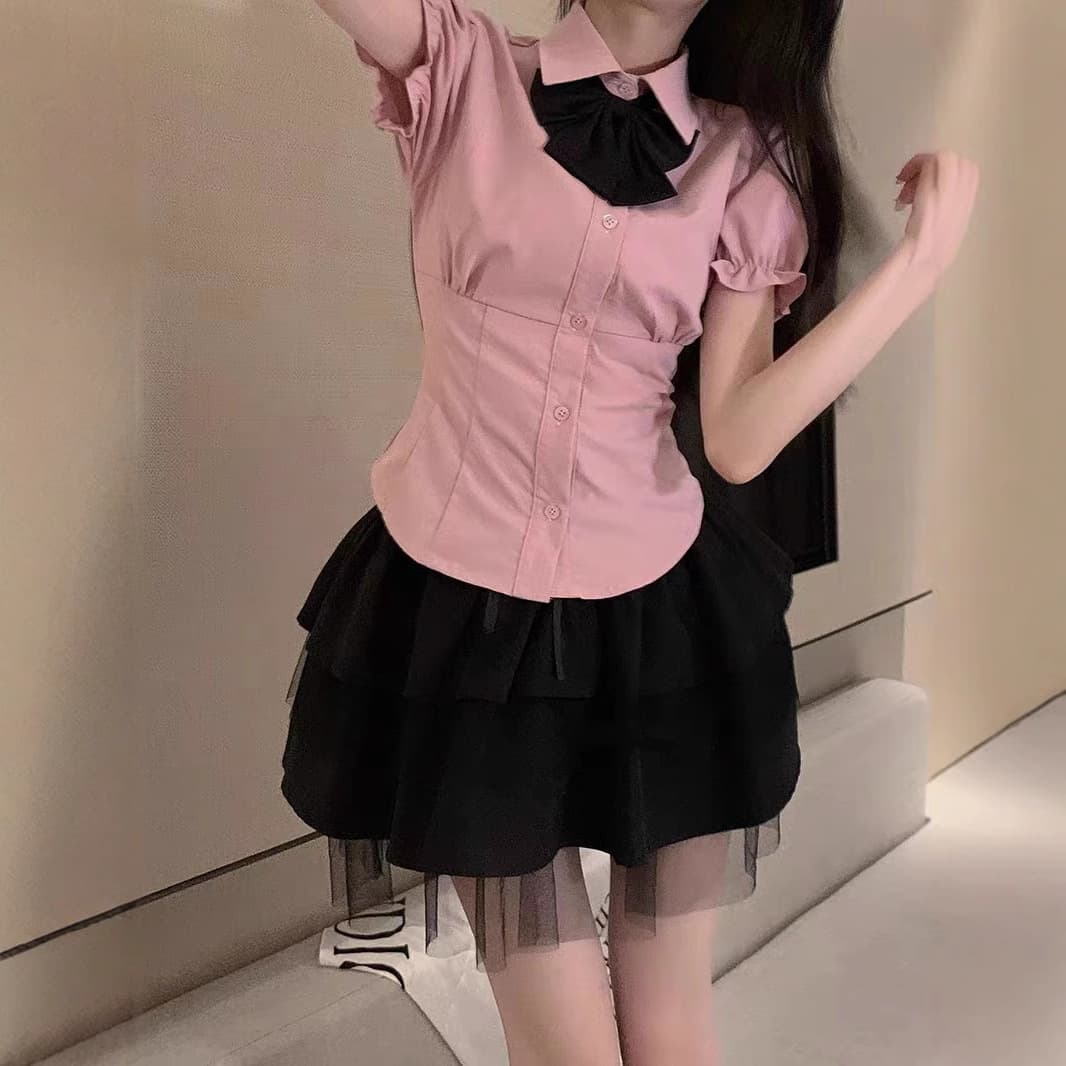 【アイドル風】リボン付きブラウス＆ティアードスカート 制服セット