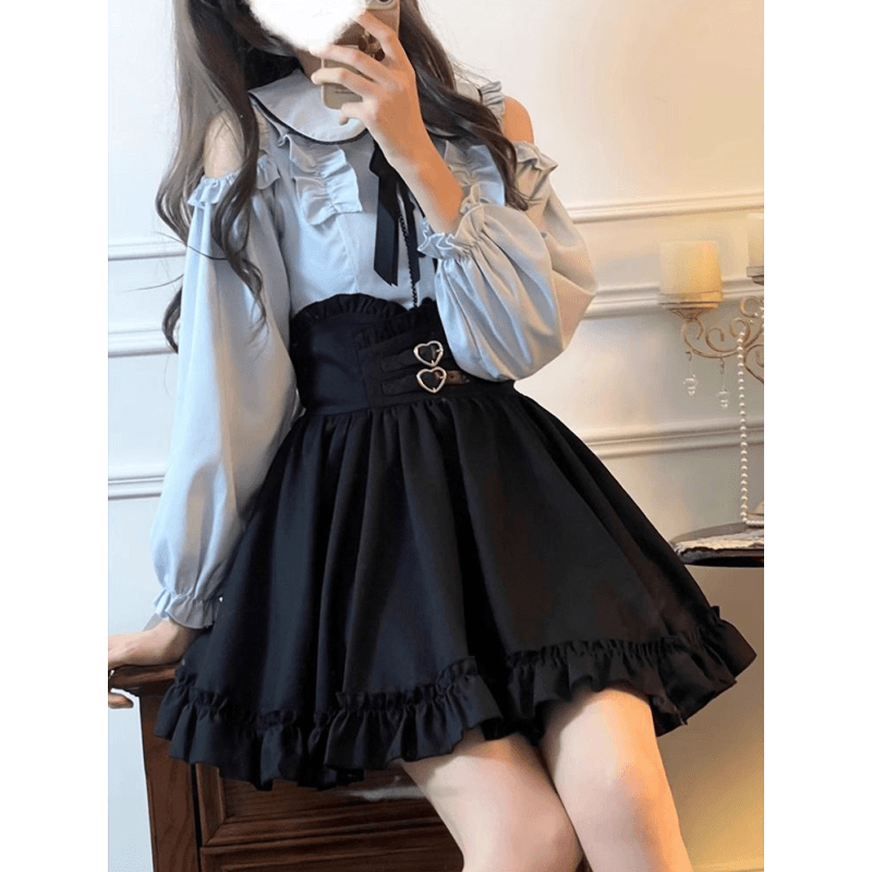 【地下アイドル風】ハートバックルが可愛いフリル袖のジャンパースカート制服