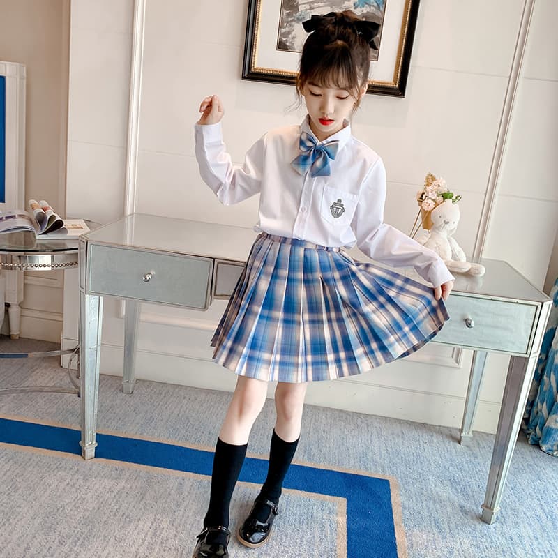 キッズ制服　ピンク／ブルー　チェック柄プリーツスカート＆リボンセット
