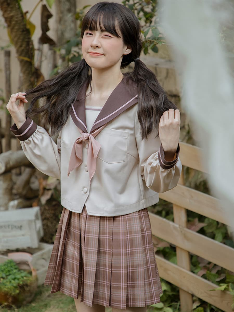 制服コスプレ 秋冬学園生活ブラウンチェック柄プリーツスカート制服セット