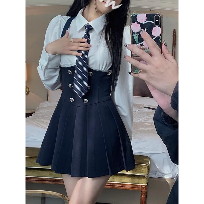 【韓国アイドル風】 サスペンダー付きスカート×ブレザー 制服セット