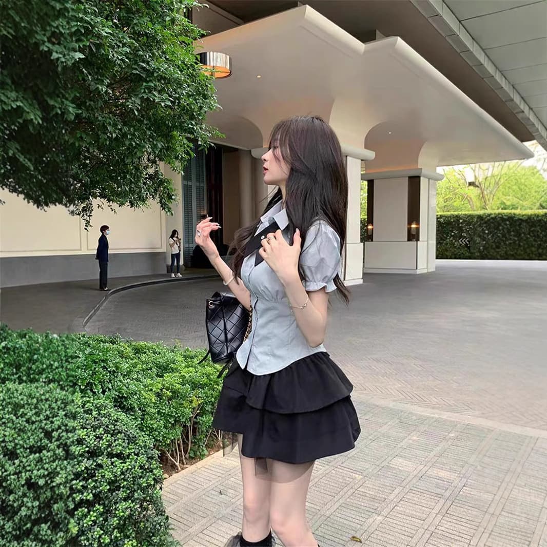 【アイドル風】リボン付きブラウス＆ティアードスカート 制服セット