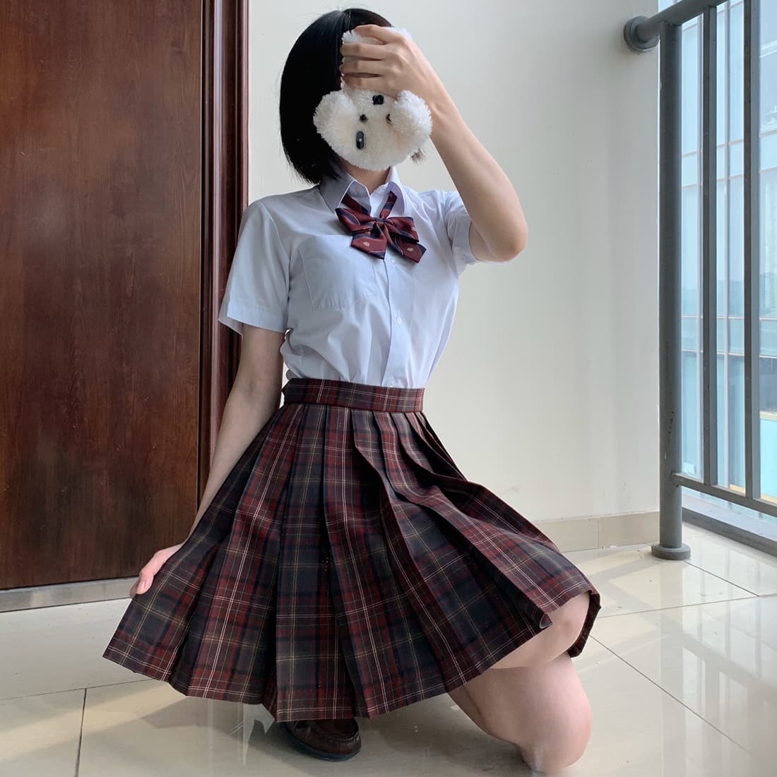 学園風　赤チェック柄プリーツスカート制服セット