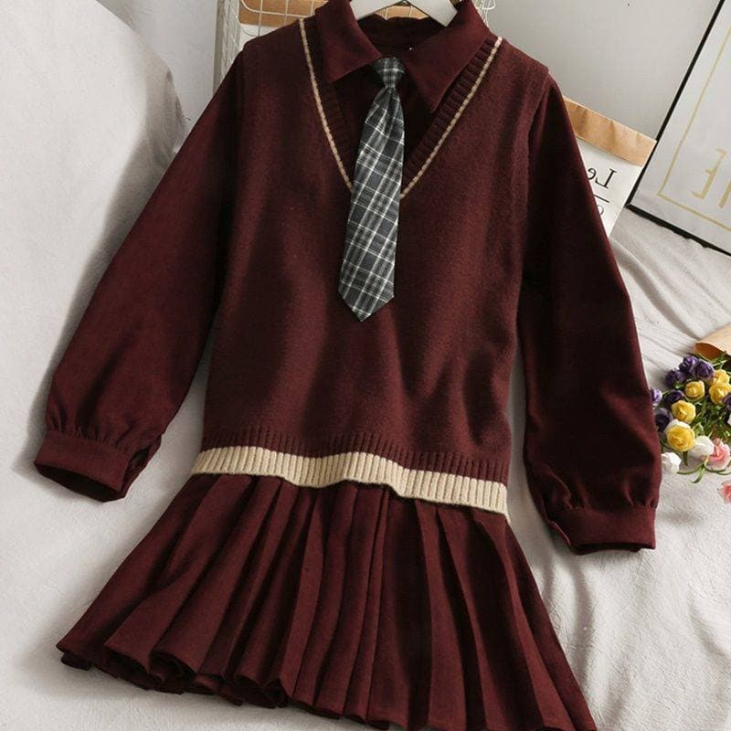 制服風プリーツスカートワンピ×カラーニットベスト　制服セット