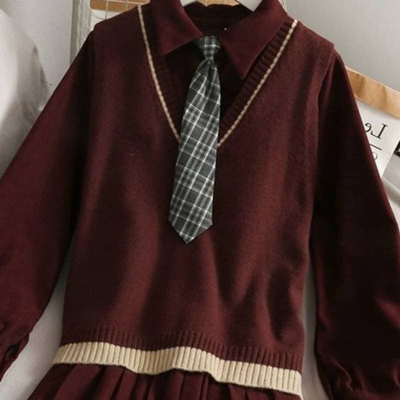 制服風プリーツスカートワンピ×カラーニットベスト　制服セット