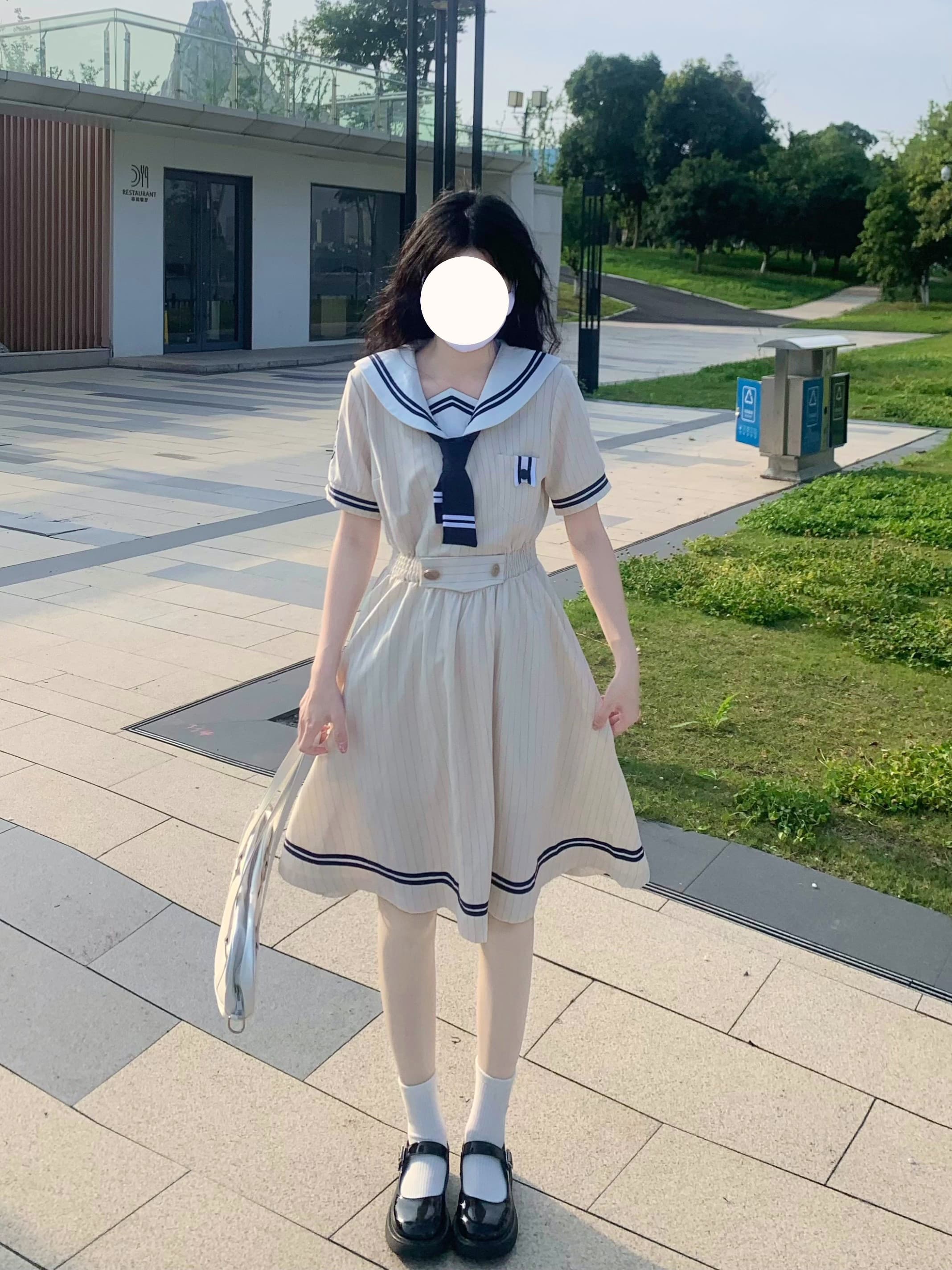 【制服ワンピース】ストライプ セーラー服風ワンピース