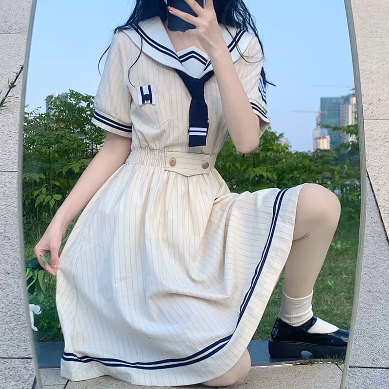 【制服ワンピース】ストライプ セーラー服風ワンピース