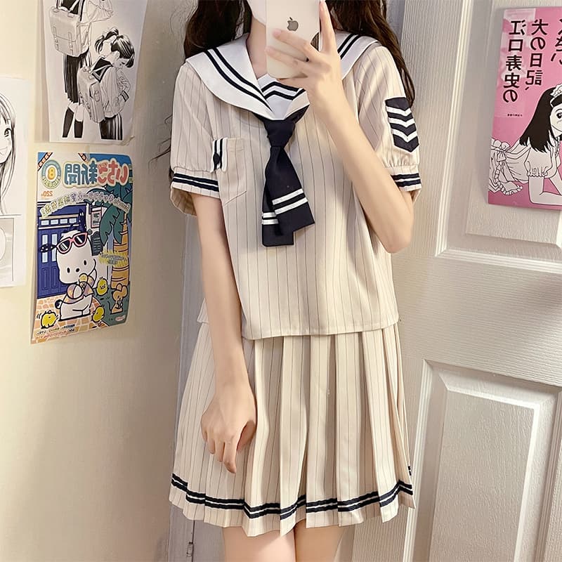 【レトロ風】ストライプ柄セーラー風学生服セット