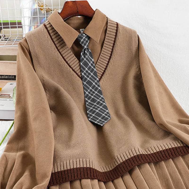 制服風プリーツスカートワンピ×カラーニットベスト　制服セット