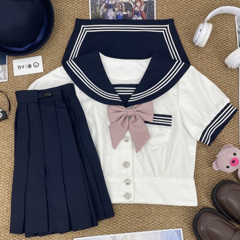 淡いピンクリボン　ホワイトシャツ　清楚リボンセーラー服セット