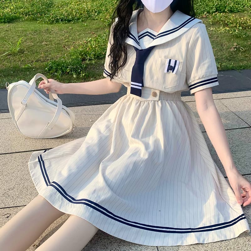 【制服ワンピース】ストライプ セーラー服風ワンピース
