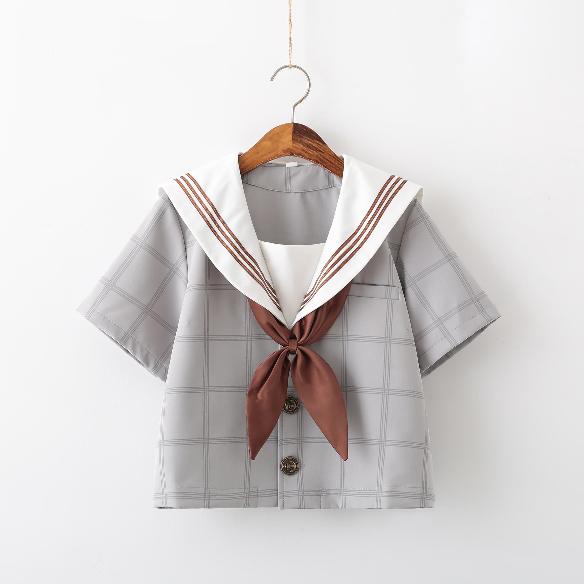 グレー/ブラウン/ブラック/ピンクリボン 清楚セーラー服セット