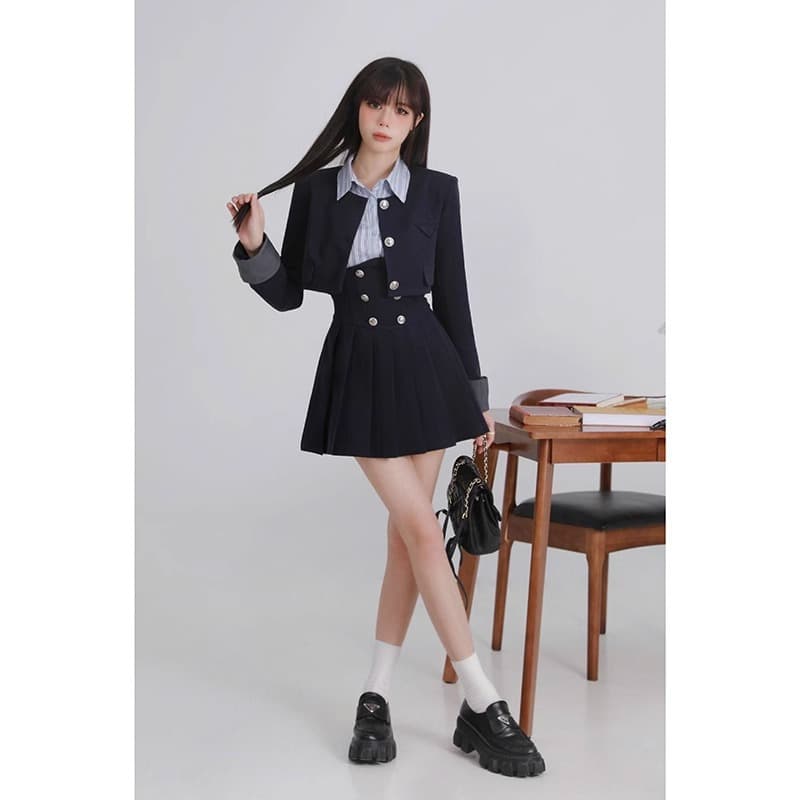 【韓国アイドル風】 サスペンダー付きスカート×ブレザー 制服セット
