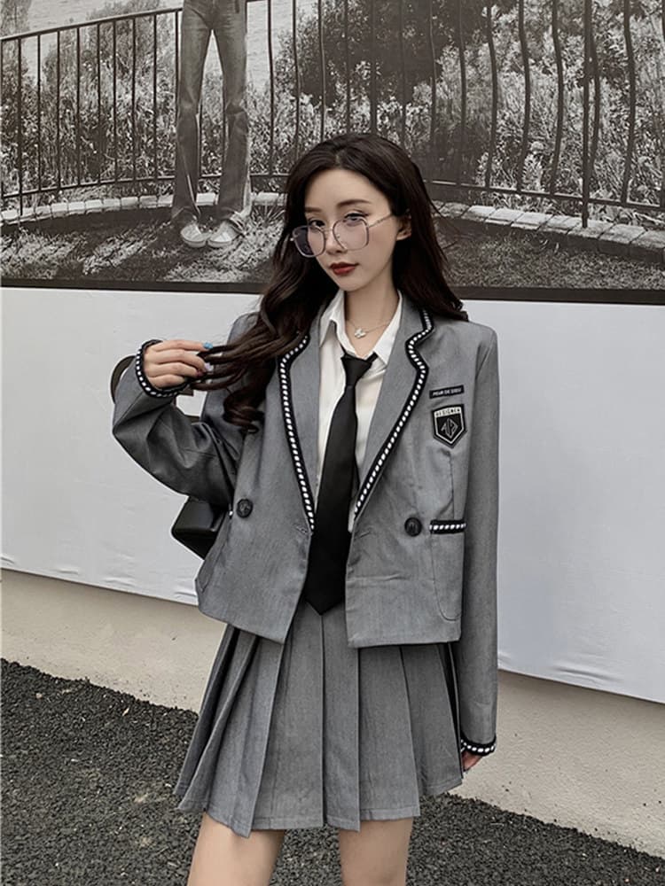 制服セット グレーエンブレム付きジャケット×ネクタイ×プリーツスカート3点セット