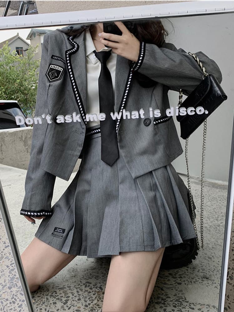 制服セット グレーエンブレム付きジャケット×ネクタイ×プリーツスカート3点セット