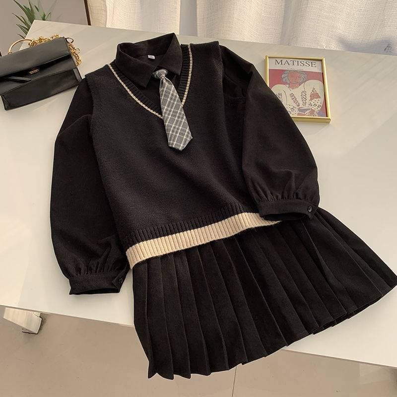 制服風プリーツスカートワンピ×カラーニットベスト　制服セット