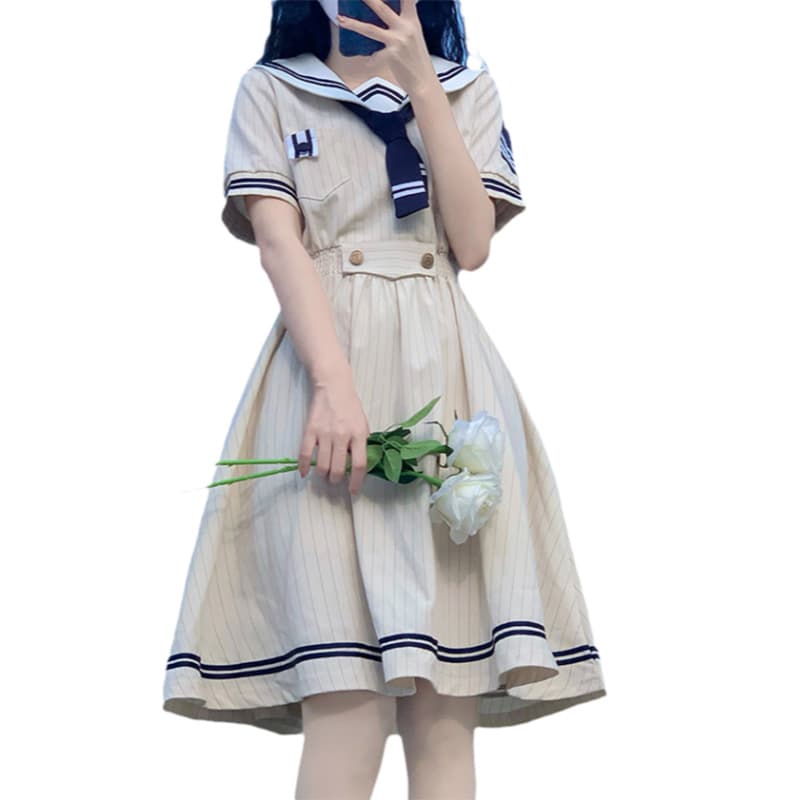 【制服ワンピース】ストライプ セーラー服風ワンピース