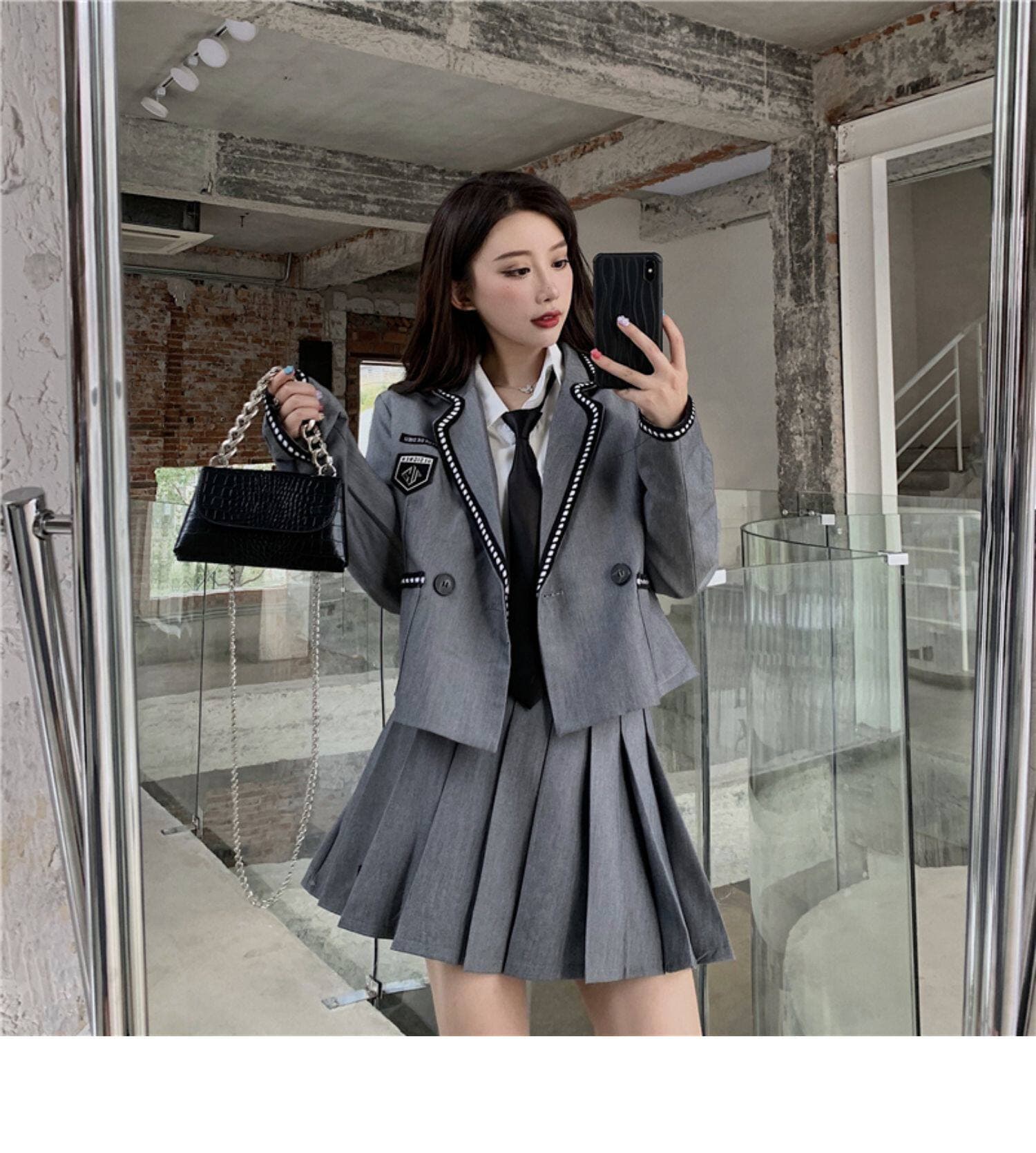 制服セット グレーエンブレム付きジャケット×ネクタイ×プリーツスカート3点セット