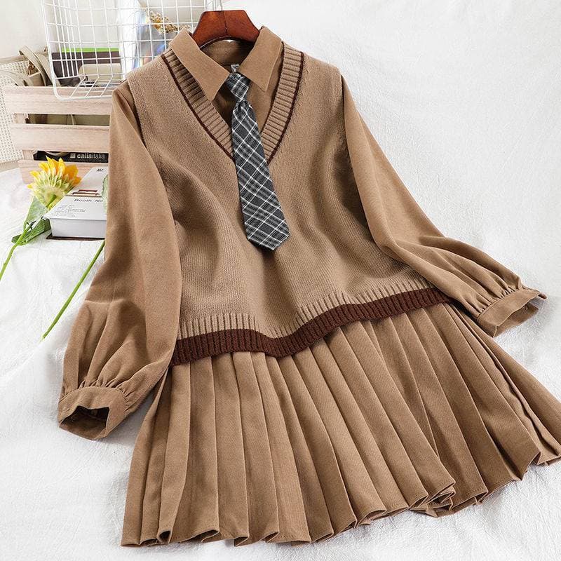 制服風プリーツスカートワンピ×カラーニットベスト　制服セット