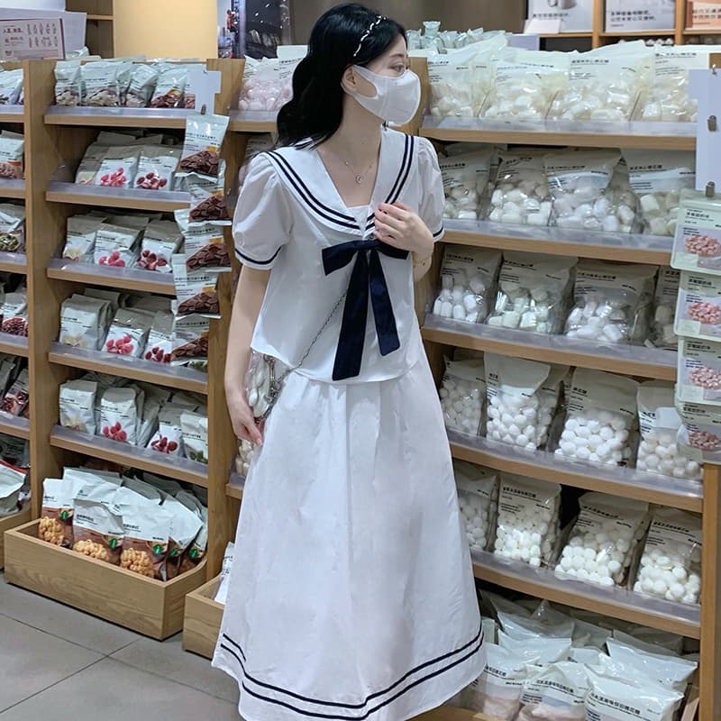 マリン風セーラー服セットアップ　ライトブルー/ホワイト