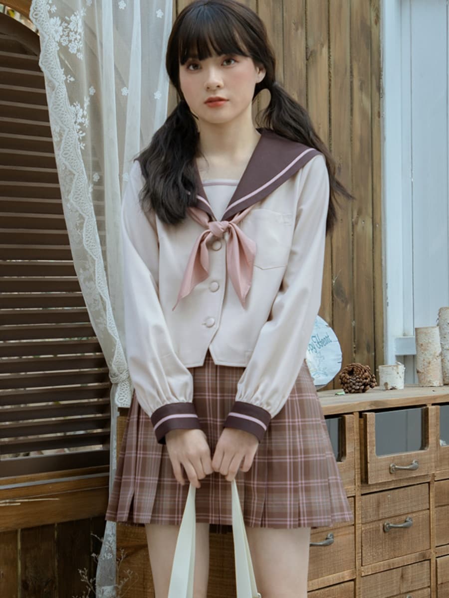 制服コスプレ 秋冬学園生活ブラウンチェック柄プリーツスカート制服セット