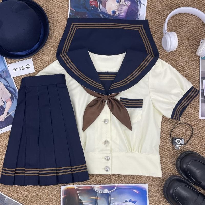 レトロ ブラウンライン&リボン セーラー制服セット