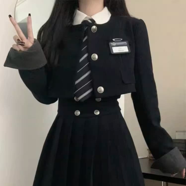 【学園風】銀ボタンが可愛いサスペンダー付プリーツスカート制服セット