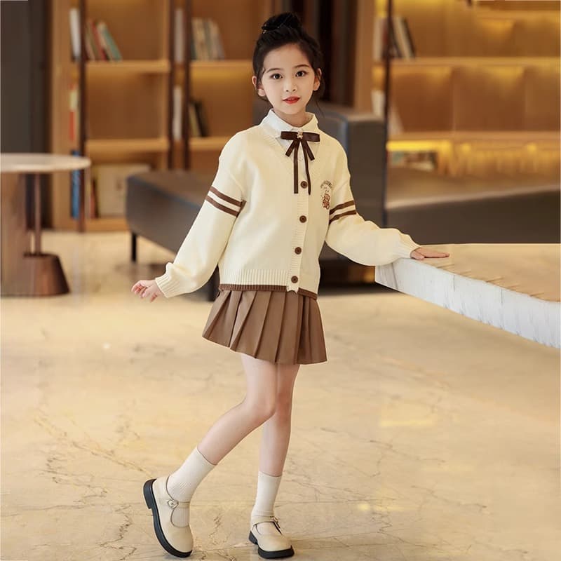 【子ども服】プレッピー風リボン付き学生カーディガン
