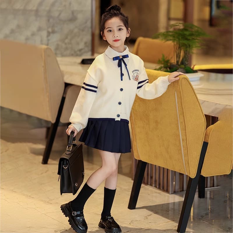 【子ども服】プレッピー風リボン付き学生カーディガン